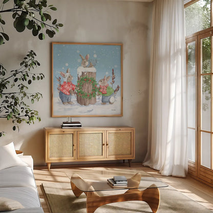 Festive Friends II by Leslie Trimbach. Shown in a natural wood frame in a cozy modern living room. Available as an archival giclee rolled canvas, fine art paper, or poster print. SKU 86980a.