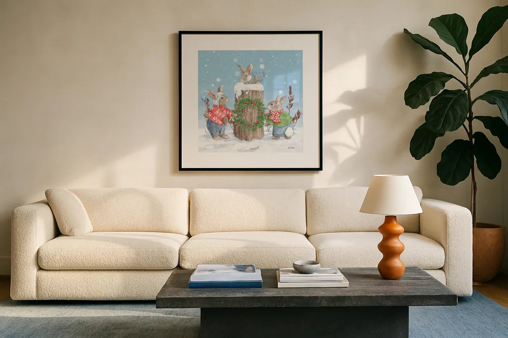 Festive Friends II by Leslie Trimbach. Displayed in a glass frame with matte in a clean modern living room. Available as an archival giclee rolled canvas, fine art paper, or poster print. SKU 86980a.