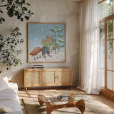 Festive Friends III by Leslie Trimbach. Shown in a natural wood frame in a cozy modern living room. Available as an archival giclee rolled canvas, fine art paper, or poster print. SKU 86981a.