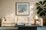 Festive Friends III by Leslie Trimbach. Displayed in a glass frame with matte in a clean modern living room. Available as an archival giclee rolled canvas, fine art paper, or poster print. SKU 86981a.