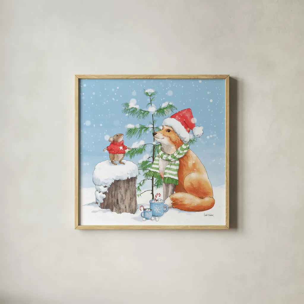 Festive Friends IV by Leslie Trimbach. Shown in a natural wood glass frame for a timeless modern aesthetic. Available as an archival giclee rolled canvas, fine art paper, or poster print. SKU 86982a.