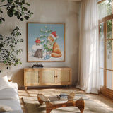 Festive Friends IV by Leslie Trimbach. Shown in a natural wood frame in a cozy modern living room. Available as an archival giclee rolled canvas, fine art paper, or poster print. SKU 86982a.