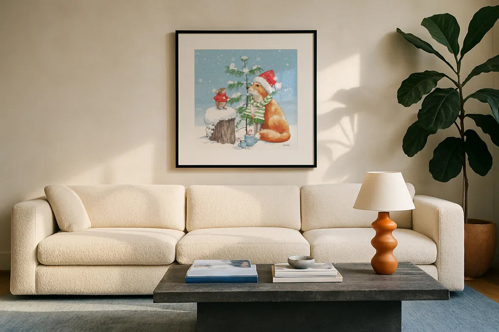 Festive Friends IV by Leslie Trimbach. Displayed in a glass frame with matte in a clean modern living room. Available as an archival giclee rolled canvas, fine art paper, or poster print. SKU 86982a.