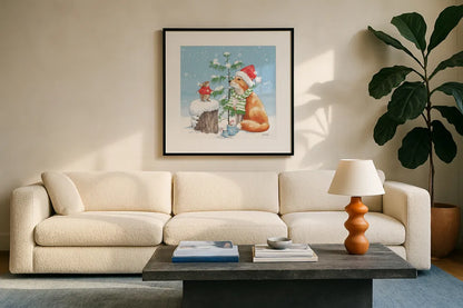 Festive Friends IV by Leslie Trimbach. Displayed in a glass frame with matte in a clean modern living room. Available as an archival giclee rolled canvas, fine art paper, or poster print. SKU 86982a.