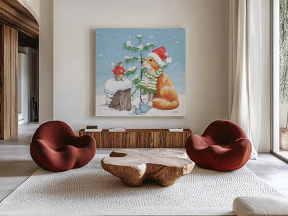 Festive Friends IV by Leslie Trimbach. Shown as extra-large giant wall art in a modern living room. Available as an archival giclee rolled canvas, fine art paper, or poster print. SKU 86982a.