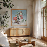 Festive Friends V by Leslie Trimbach. Shown in a natural wood frame in a cozy modern living room. Available as an archival giclee rolled canvas, fine art paper, or poster print. SKU 86983a.