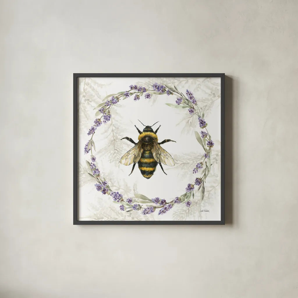 Fresh Lavender V by Leslie Trimbach. Shown in a sleek black glass frame for a contemporary gallery look. Available as an archival giclee rolled canvas, fine art paper, or poster print. SKU 94991a.