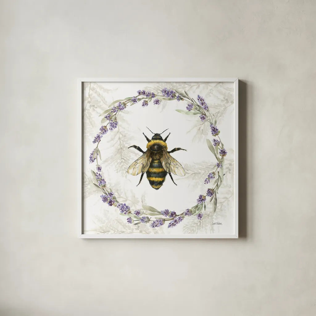 Fresh Lavender V by Leslie Trimbach. Shown in a crisp white glass frame for a clean and minimalist style. Available as an archival giclee rolled canvas, fine art paper, or poster print. SKU 94991a.