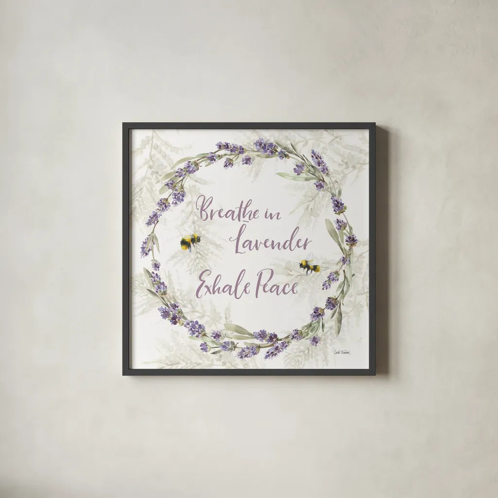 Fresh Lavender VI by Leslie Trimbach. Shown in a sleek black glass frame for a contemporary gallery look. Available as an archival giclee rolled canvas, fine art paper, or poster print. SKU 94992a.