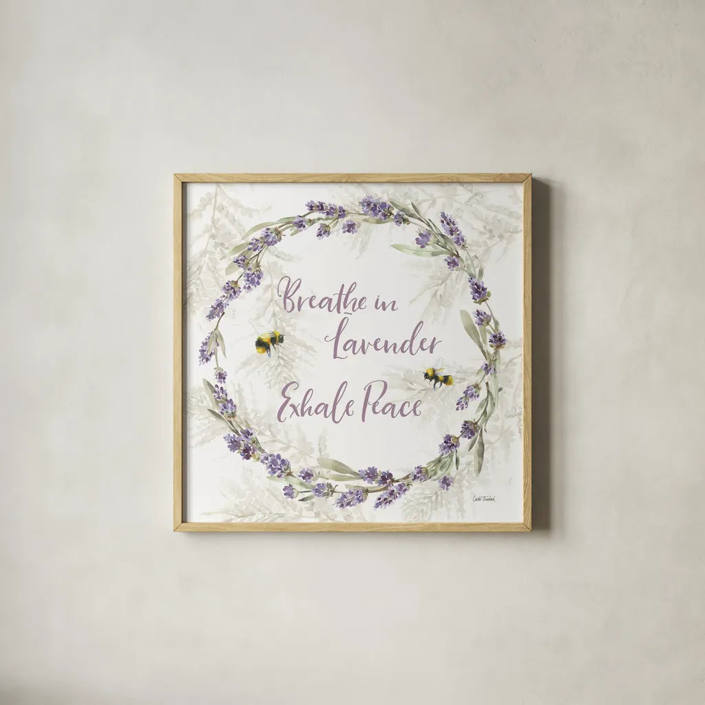 Fresh Lavender VI by Leslie Trimbach. Shown in a natural wood glass frame for a timeless modern aesthetic. Available as an archival giclee rolled canvas, fine art paper, or poster print. SKU 94992a.