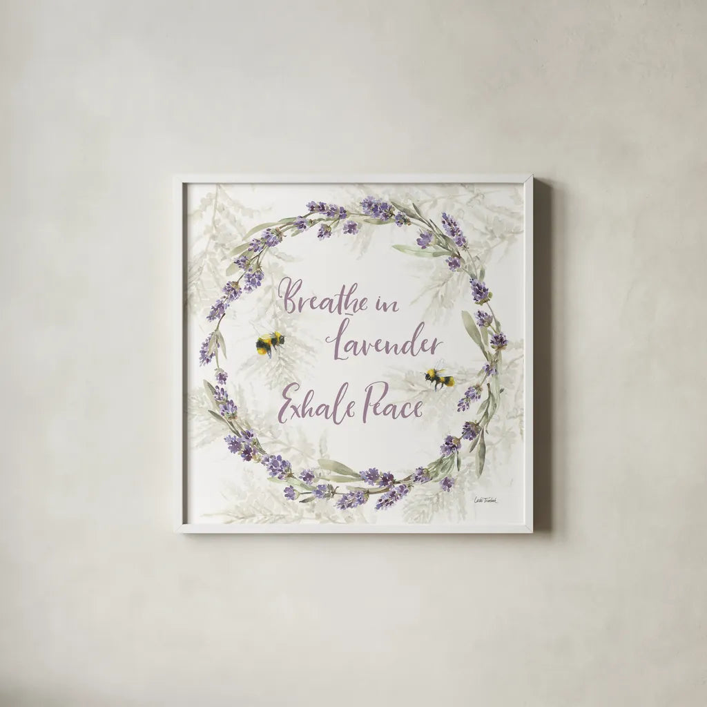 Fresh Lavender VI by Leslie Trimbach. Shown in a crisp white glass frame for a clean and minimalist style. Available as an archival giclee rolled canvas, fine art paper, or poster print. SKU 94992a.