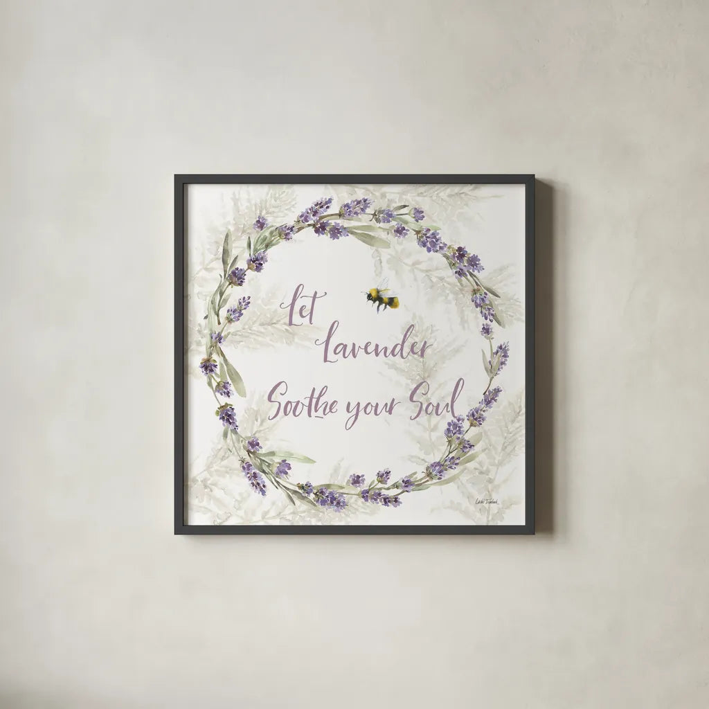 Fresh Lavender VII by Leslie Trimbach. Shown in a sleek black glass frame for a contemporary gallery look. Available as an archival giclee rolled canvas, fine art paper, or poster print. SKU 94993a.