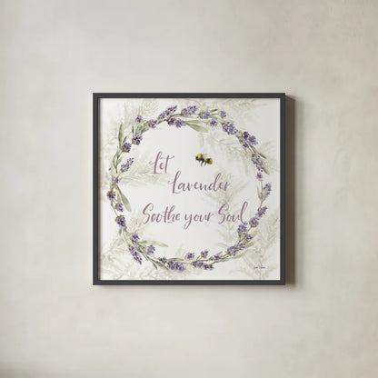 Fresh Lavender VII by Leslie Trimbach. Shown in a sleek black glass frame for a contemporary gallery look. Available as an archival giclee rolled canvas, fine art paper, or poster print. SKU 94993a.