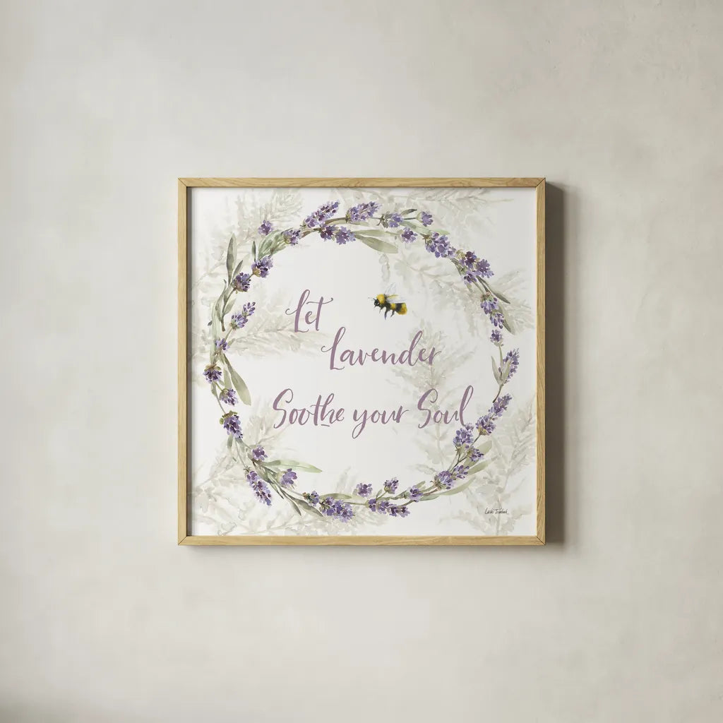 Fresh Lavender VII by Leslie Trimbach. Shown in a natural wood glass frame for a timeless modern aesthetic. Available as an archival giclee rolled canvas, fine art paper, or poster print. SKU 94993a.