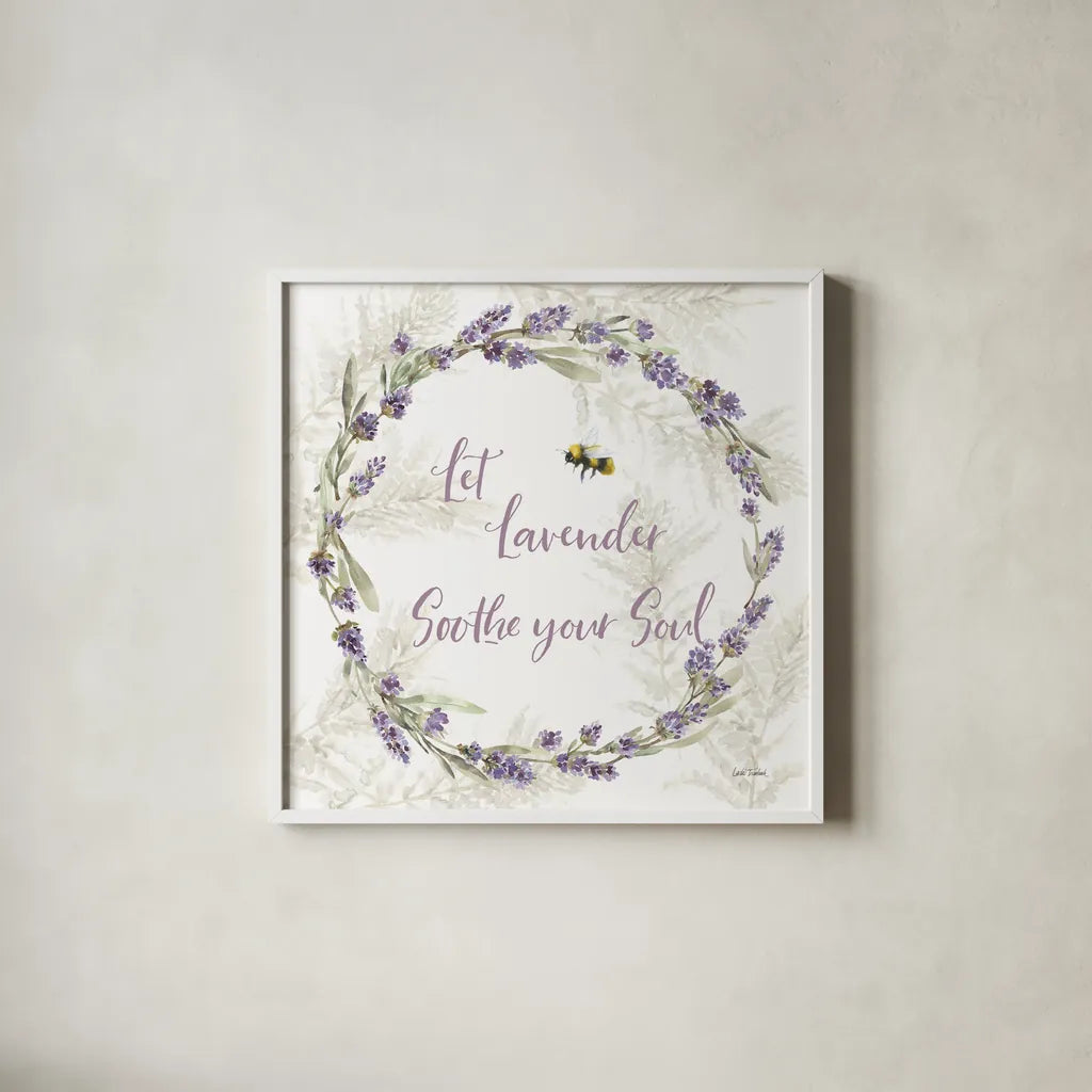 Fresh Lavender VII by Leslie Trimbach. Shown in a crisp white glass frame for a clean and minimalist style. Available as an archival giclee rolled canvas, fine art paper, or poster print. SKU 94993a.