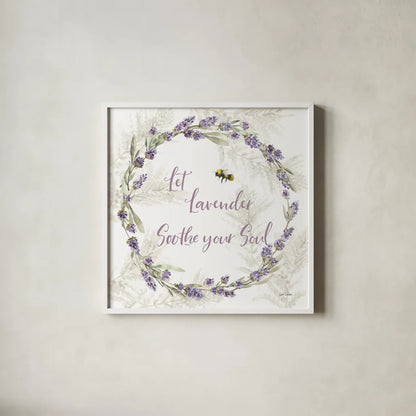 Fresh Lavender VII by Leslie Trimbach. Shown in a crisp white glass frame for a clean and minimalist style. Available as an archival giclee rolled canvas, fine art paper, or poster print. SKU 94993a.