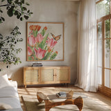 Fresh Petals V by Leslie Trimbach. Shown in a natural wood frame in a cozy modern living room. Available as an archival giclee rolled canvas, fine art paper, or poster print. SKU 102807a.