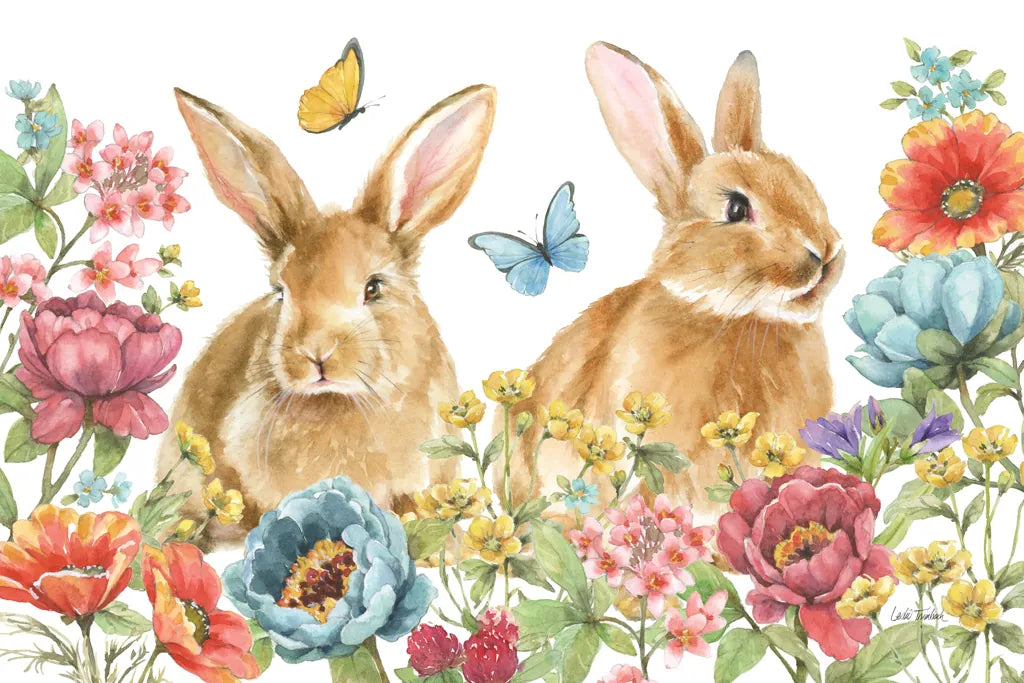 Garden Bunnies I by Leslie Trimbach. SKU 83601i. Archival Giclee Fine art print for wall decor.
