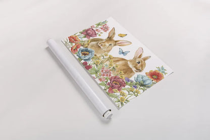 Garden Bunnies I by Leslie Trimbach. shown as a rolled paper print. Available as archival giclee rolled canvas, fine art paper, or poster print. SKU 83601i.