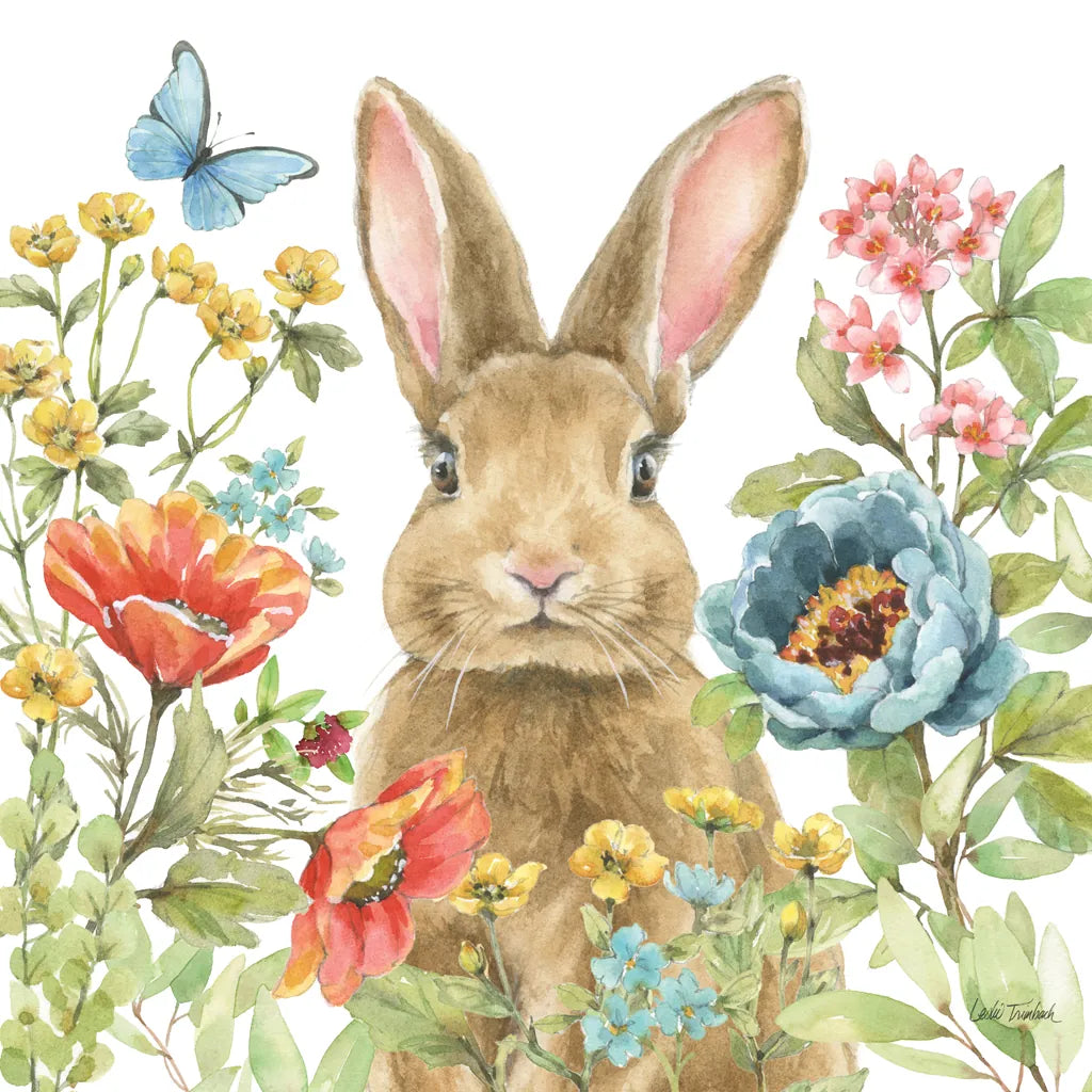 Garden Bunnies II by Leslie Trimbach. SKU 83602a. Archival Giclee Fine art print for wall decor.