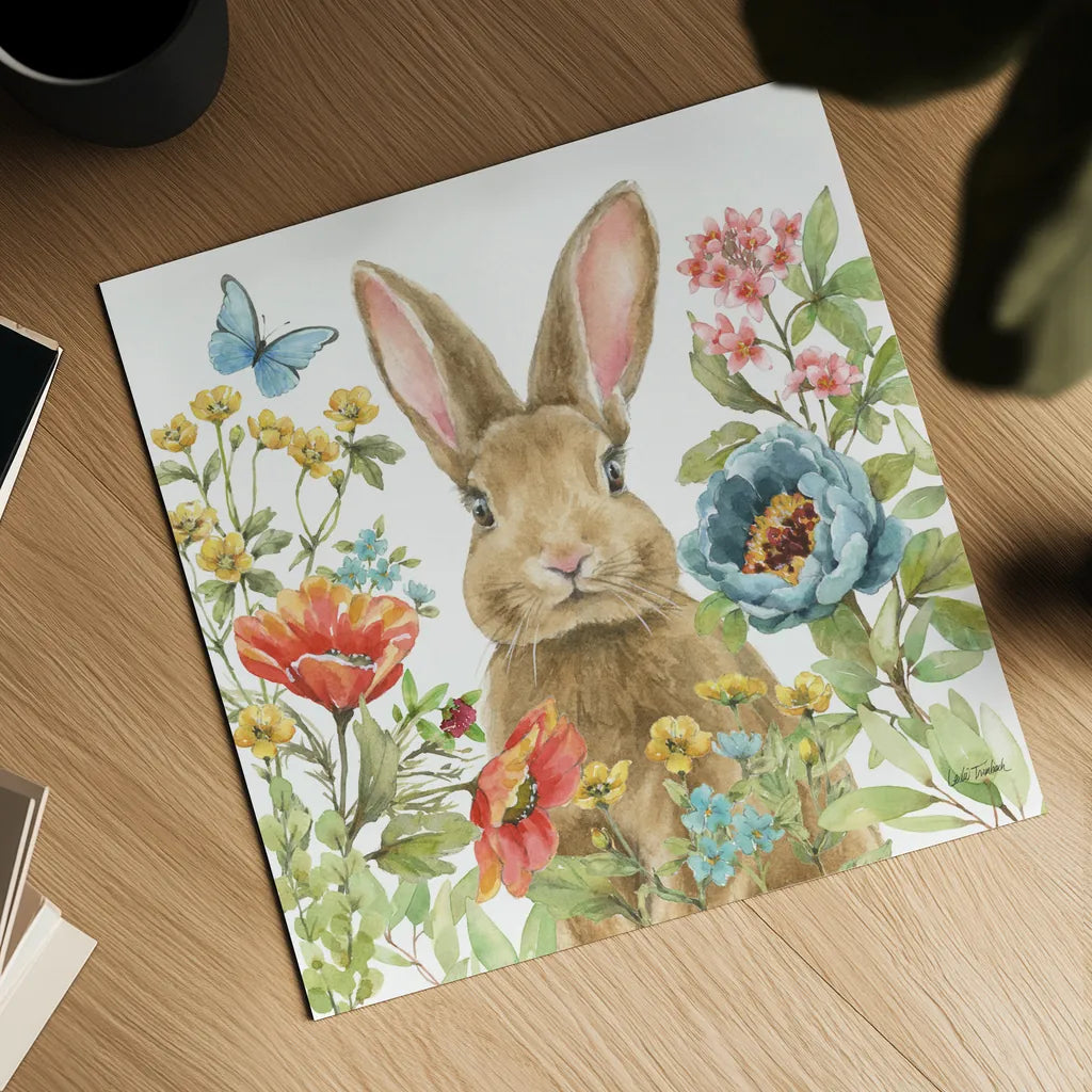 Garden Bunnies II by Leslie Trimbach. Shown as a detailed flat fine art print, highlighting archival giclee quality. Available as an archival giclee rolled canvas, fine art paper, or poster print. SKU 83602a.