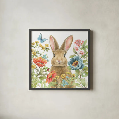 Garden Bunnies II by Leslie Trimbach. Shown in a sleek black glass frame for a contemporary gallery look. Available as an archival giclee rolled canvas, fine art paper, or poster print. SKU 83602a.