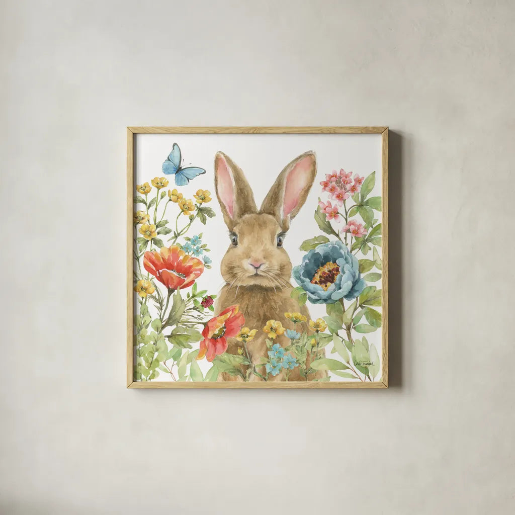 Garden Bunnies II by Leslie Trimbach. Shown in a natural wood glass frame for a timeless modern aesthetic. Available as an archival giclee rolled canvas, fine art paper, or poster print. SKU 83602a.