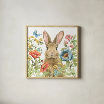 Garden Bunnies II by Leslie Trimbach. Shown in a natural wood glass frame for a timeless modern aesthetic. Available as an archival giclee rolled canvas, fine art paper, or poster print. SKU 83602a.