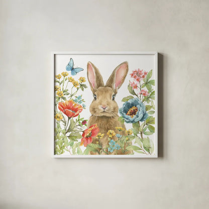 Garden Bunnies II by Leslie Trimbach. Shown in a crisp white glass frame for a clean and minimalist style. Available as an archival giclee rolled canvas, fine art paper, or poster print. SKU 83602a.