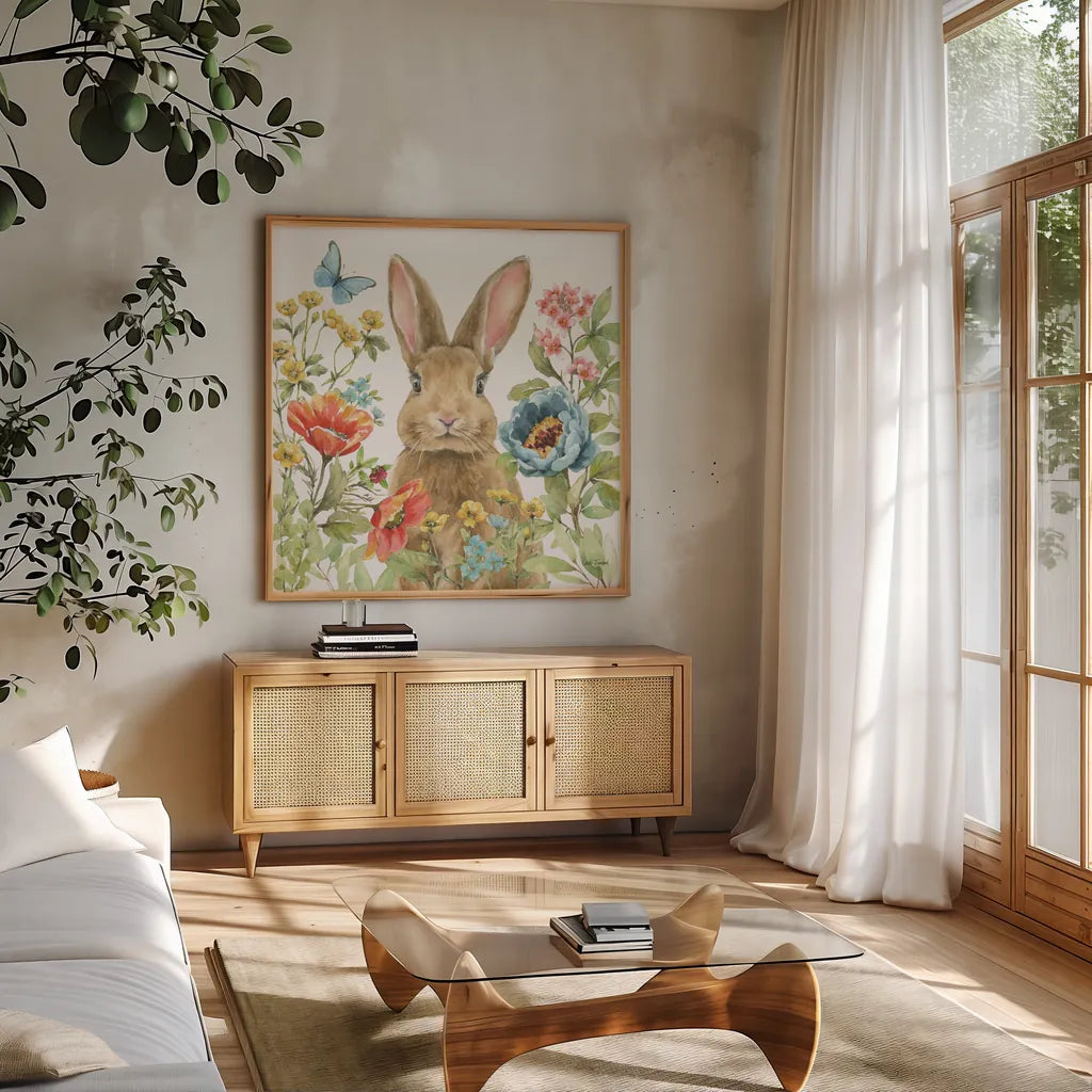 Garden Bunnies II by Leslie Trimbach. Shown in a natural wood frame in a cozy modern living room. Available as an archival giclee rolled canvas, fine art paper, or poster print. SKU 83602a.