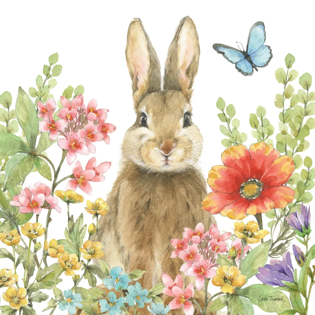 Garden Bunnies III by Leslie Trimbach. SKU 83603a. Archival Giclee Fine art print for wall decor.