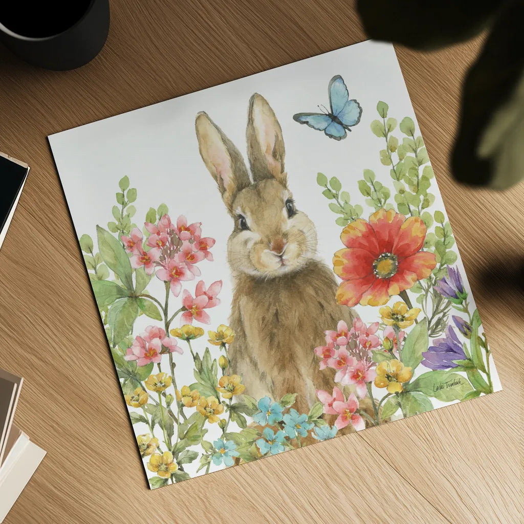Garden Bunnies III by Leslie Trimbach. Shown as a detailed flat fine art print, highlighting archival giclee quality. Available as an archival giclee rolled canvas, fine art paper, or poster print. SKU 83603a.