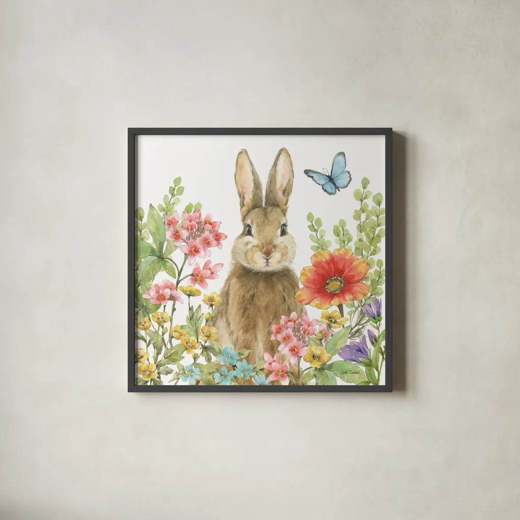 Garden Bunnies III by Leslie Trimbach. Shown in a sleek black glass frame for a contemporary gallery look. Available as an archival giclee rolled canvas, fine art paper, or poster print. SKU 83603a.