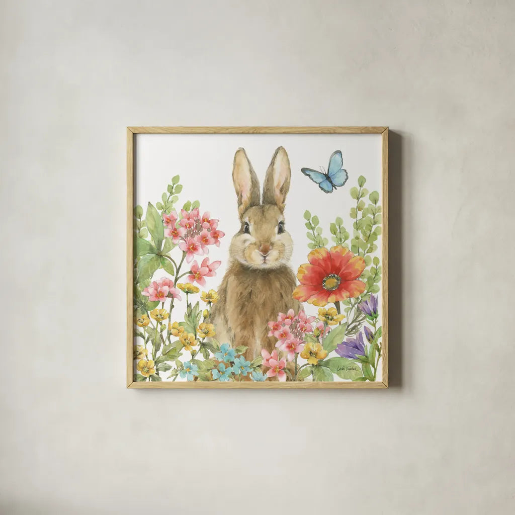 Garden Bunnies III by Leslie Trimbach. Shown in a natural wood glass frame for a timeless modern aesthetic. Available as an archival giclee rolled canvas, fine art paper, or poster print. SKU 83603a.