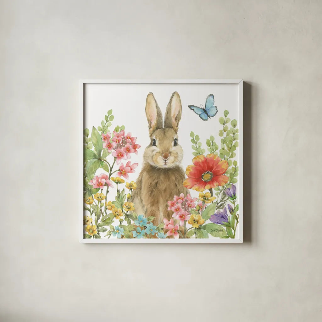 Garden Bunnies III by Leslie Trimbach. Shown in a crisp white glass frame for a clean and minimalist style. Available as an archival giclee rolled canvas, fine art paper, or poster print. SKU 83603a.