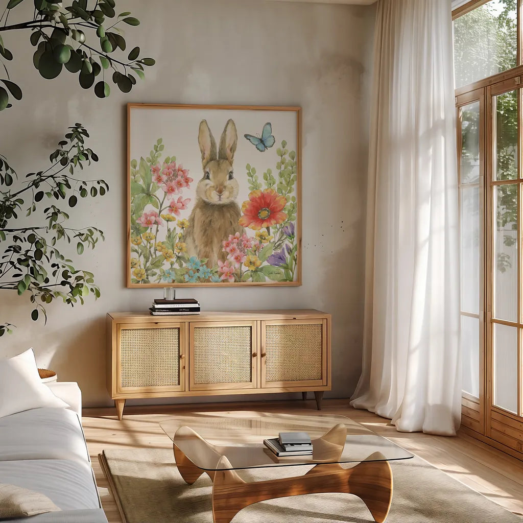 Garden Bunnies III by Leslie Trimbach. Shown in a natural wood frame in a cozy modern living room. Available as an archival giclee rolled canvas, fine art paper, or poster print. SKU 83603a.