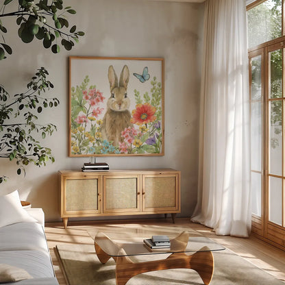 Garden Bunnies III by Leslie Trimbach. Shown in a natural wood frame in a cozy modern living room. Available as an archival giclee rolled canvas, fine art paper, or poster print. SKU 83603a.