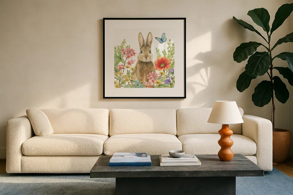 Garden Bunnies III by Leslie Trimbach. Displayed in a glass frame with matte in a clean modern living room. Available as an archival giclee rolled canvas, fine art paper, or poster print. SKU 83603a.