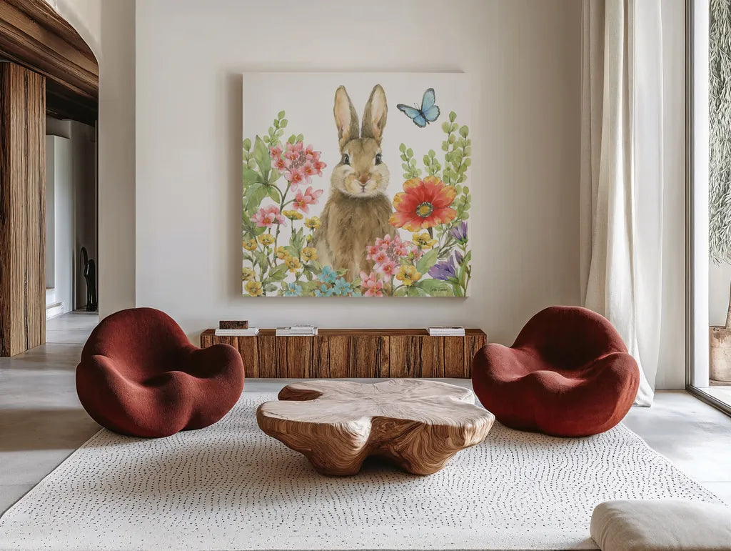 Garden Bunnies III by Leslie Trimbach. Shown as extra-large giant wall art in a modern living room. Available as an archival giclee rolled canvas, fine art paper, or poster print. SKU 83603a.