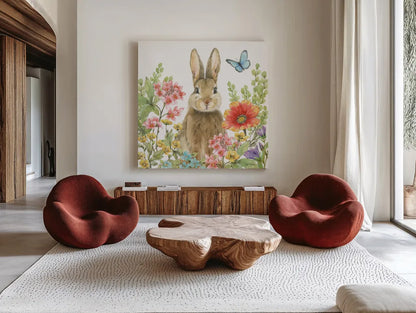 Garden Bunnies III by Leslie Trimbach. Shown as extra-large giant wall art in a modern living room. Available as an archival giclee rolled canvas, fine art paper, or poster print. SKU 83603a.