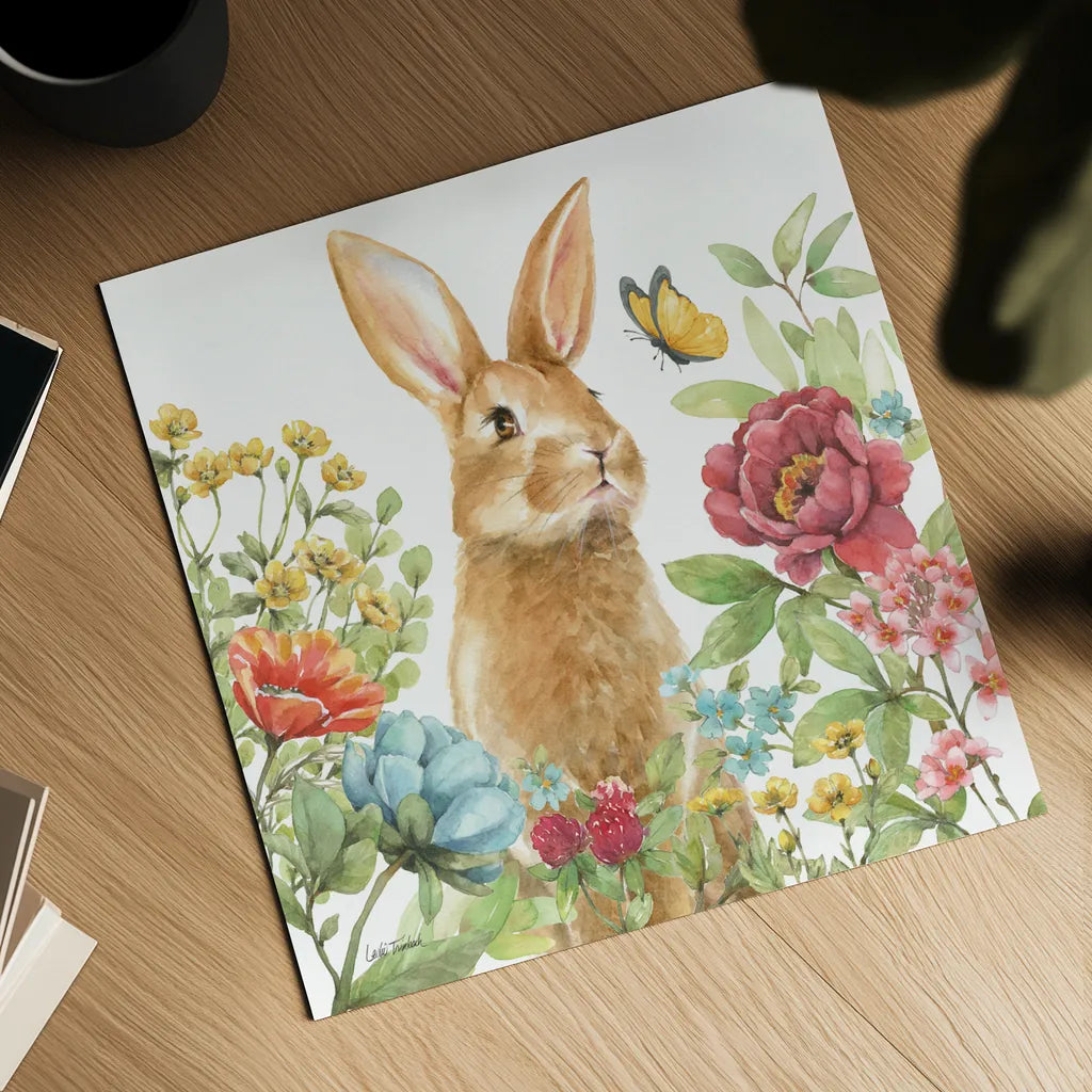 Garden Bunnies IV by Leslie Trimbach. Shown as a detailed flat fine art print, highlighting archival giclee quality. Available as an archival giclee rolled canvas, fine art paper, or poster print. SKU 83604a.