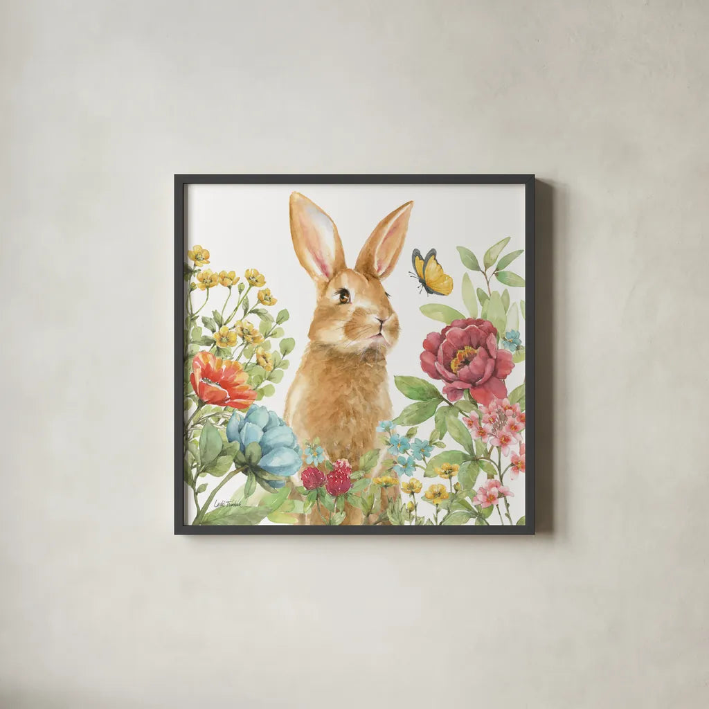 Garden Bunnies IV by Leslie Trimbach. Shown in a sleek black glass frame for a contemporary gallery look. Available as an archival giclee rolled canvas, fine art paper, or poster print. SKU 83604a.