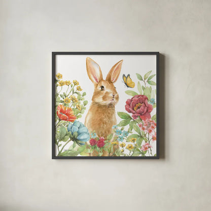 Garden Bunnies IV by Leslie Trimbach. Shown in a sleek black glass frame for a contemporary gallery look. Available as an archival giclee rolled canvas, fine art paper, or poster print. SKU 83604a.