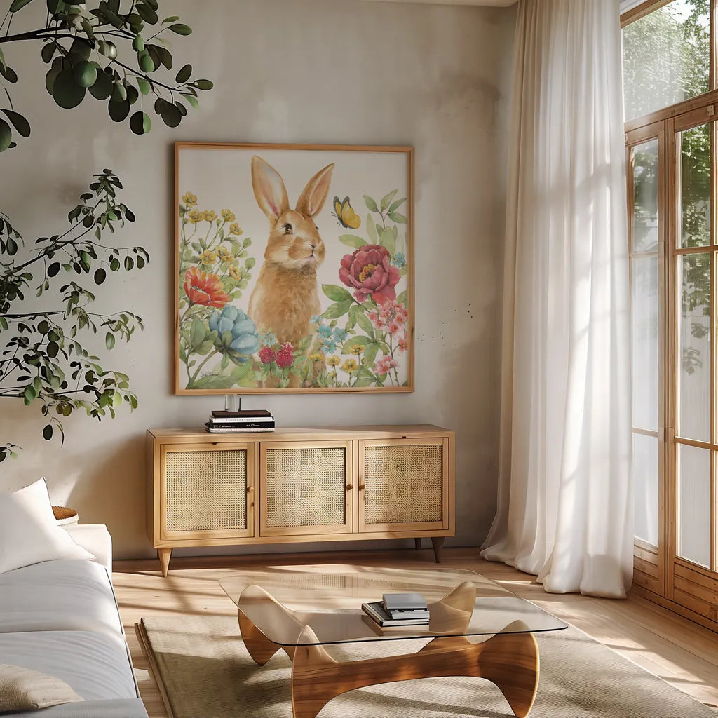 Garden Bunnies IV by Leslie Trimbach. Shown in a natural wood frame in a cozy modern living room. Available as an archival giclee rolled canvas, fine art paper, or poster print. SKU 83604a.