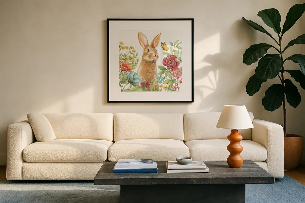 Garden Bunnies IV by Leslie Trimbach. Displayed in a glass frame with matte in a clean modern living room. Available as an archival giclee rolled canvas, fine art paper, or poster print. SKU 83604a.