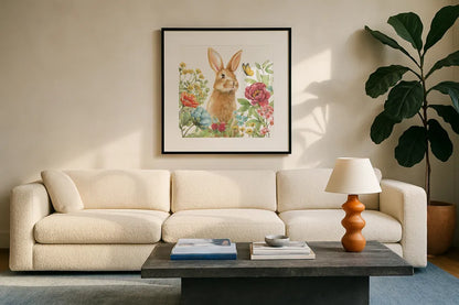 Garden Bunnies IV by Leslie Trimbach. Displayed in a glass frame with matte in a clean modern living room. Available as an archival giclee rolled canvas, fine art paper, or poster print. SKU 83604a.