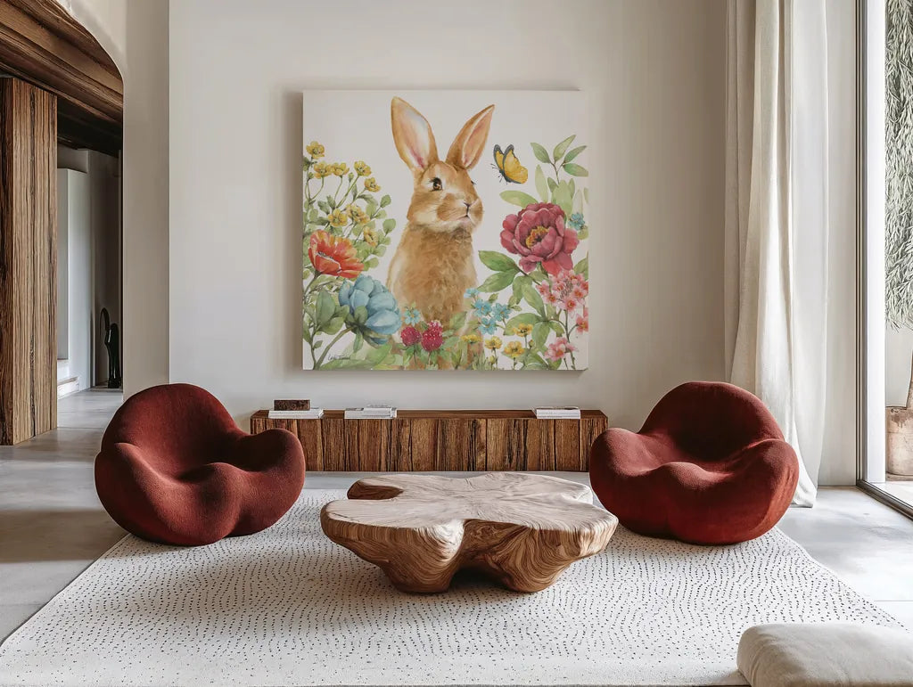 Garden Bunnies IV by Leslie Trimbach. Shown as extra-large giant wall art in a modern living room. Available as an archival giclee rolled canvas, fine art paper, or poster print. SKU 83604a.
