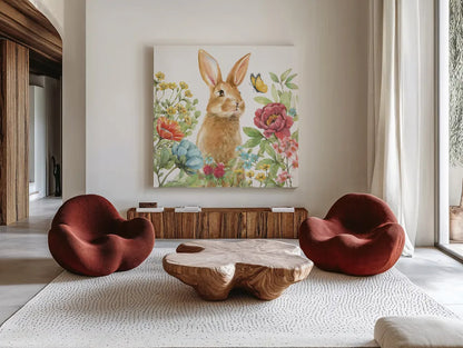Garden Bunnies IV by Leslie Trimbach. Shown as extra-large giant wall art in a modern living room. Available as an archival giclee rolled canvas, fine art paper, or poster print. SKU 83604a.