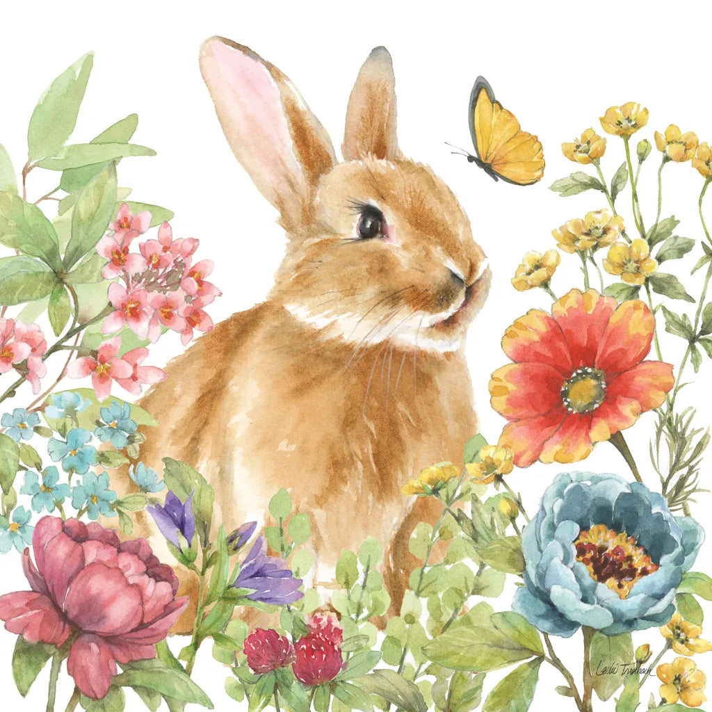Garden Bunnies V by Leslie Trimbach. SKU 83605a. Archival Giclee Fine art print for wall decor.