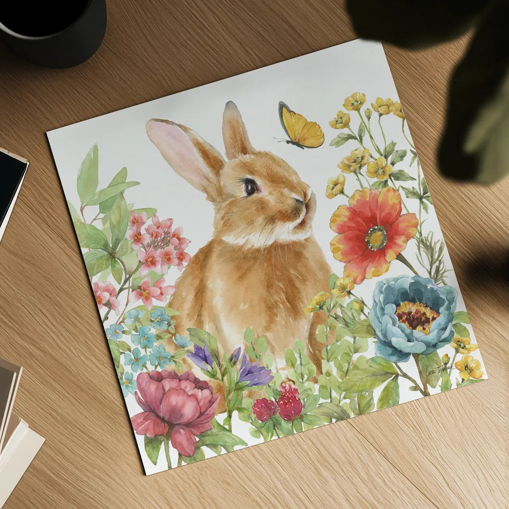Garden Bunnies V by Leslie Trimbach. Shown as a detailed flat fine art print, highlighting archival giclee quality. Available as an archival giclee rolled canvas, fine art paper, or poster print. SKU 83605a.